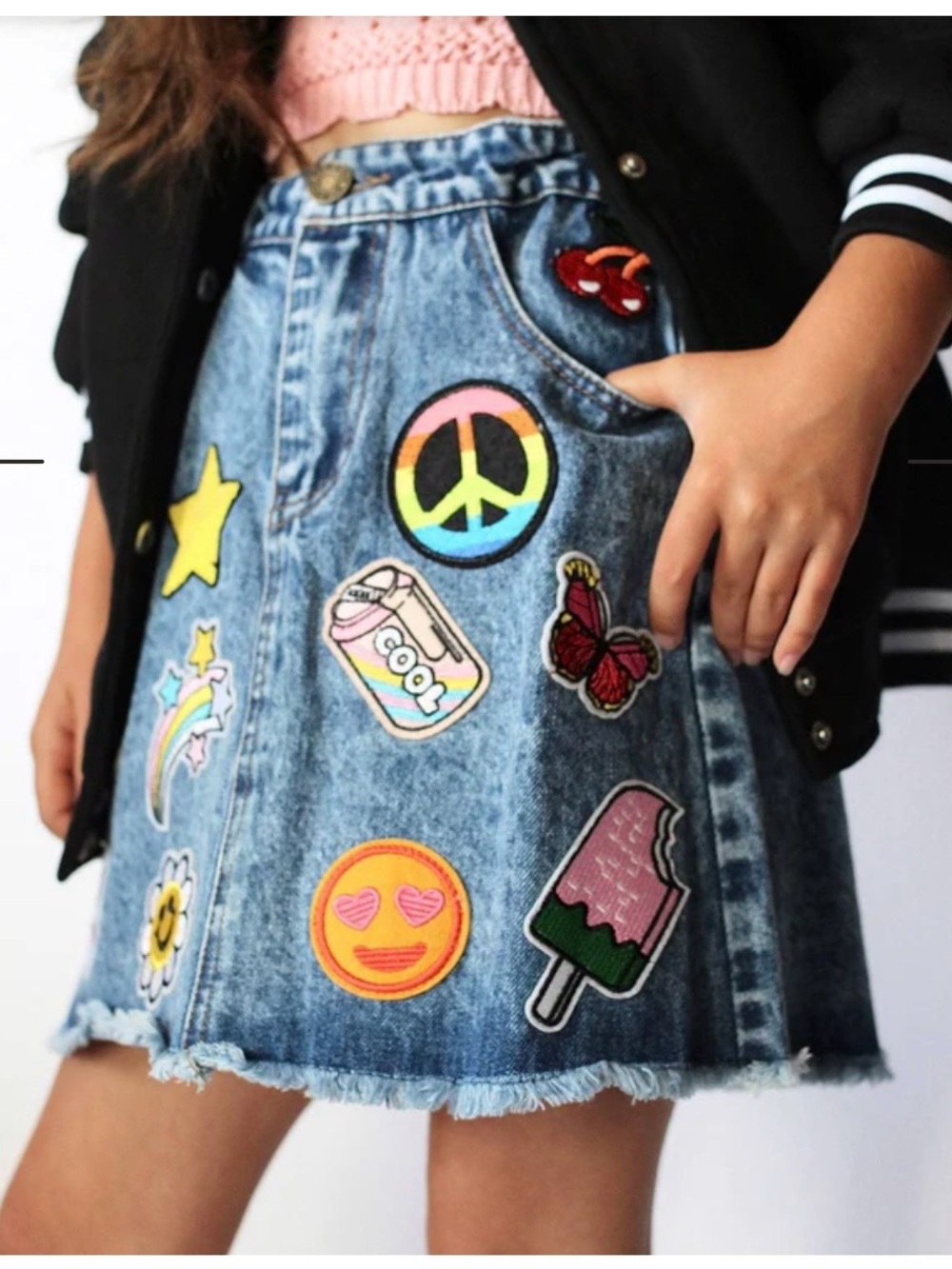 Lola + The Boys Denim A-Line Skirt with Colorful Patchwork